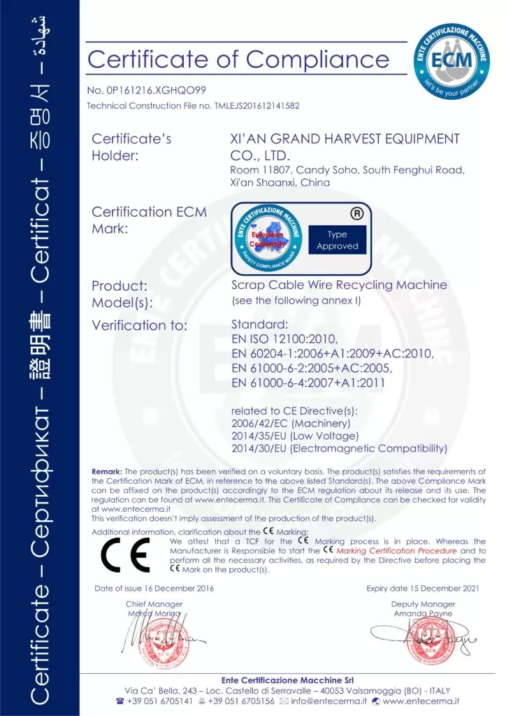 CE for small copper cable wire granulator